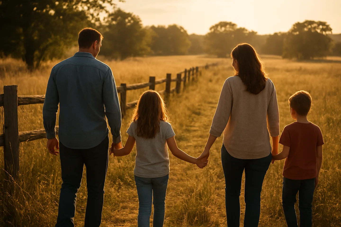 Family walking along inherited rural property