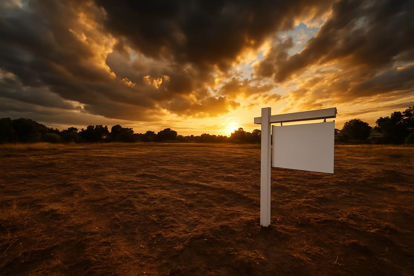 Vacant land parcel with real estate sign at golden hour