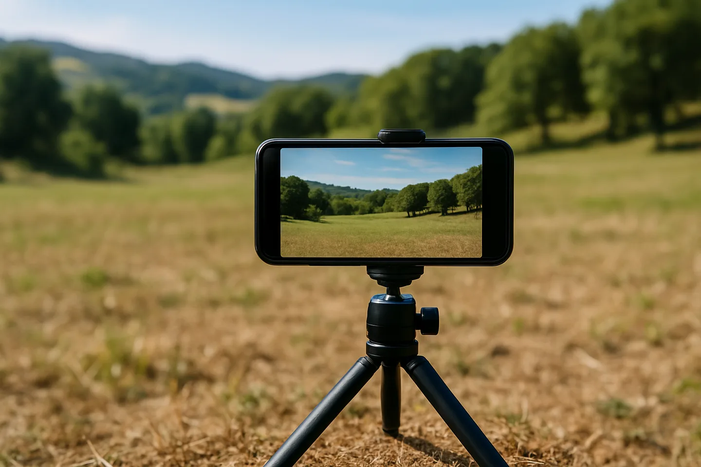 Smartphone on tripod photographing a vacant land parcel