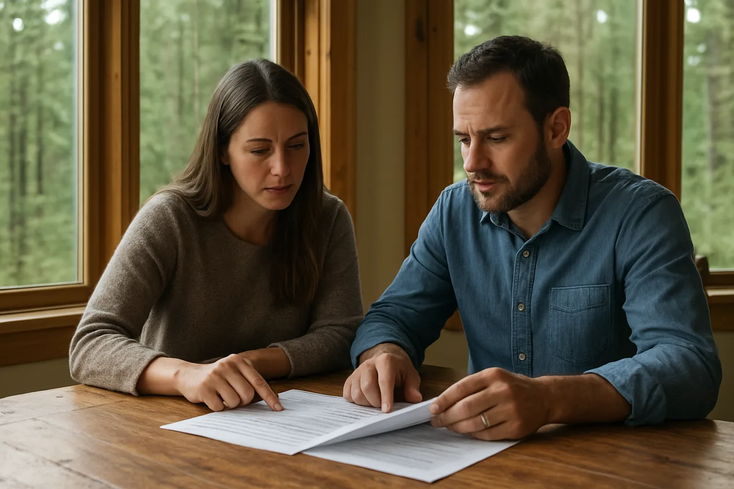 Two people reviewing land sale documents without a realtor