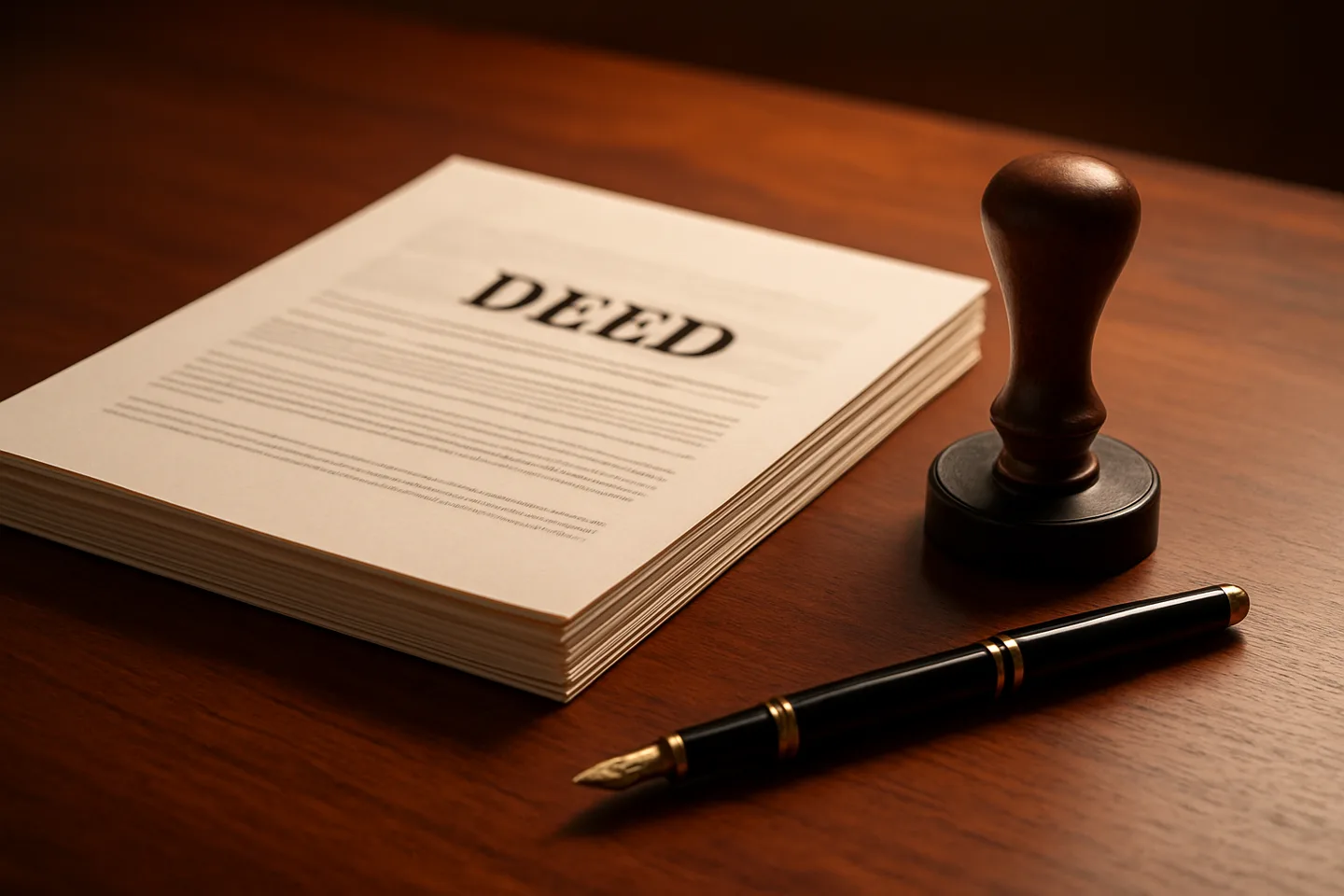 Legal land deed with notary stamp and fountain pen on desk