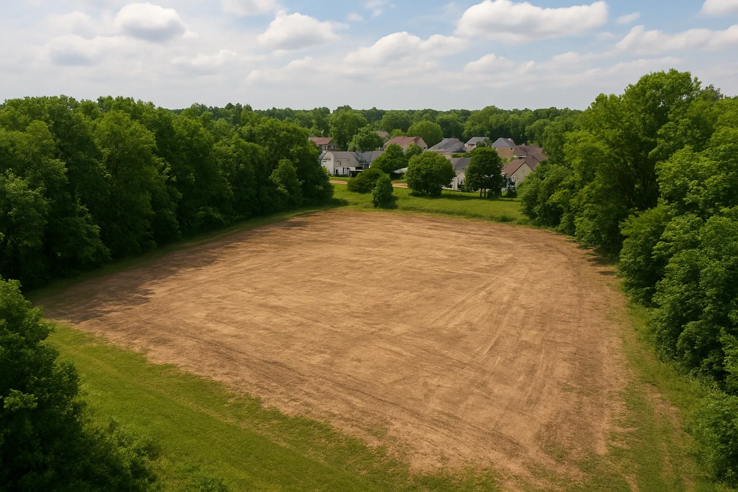 Aerial view of a cleared vacant lot bordered by trees