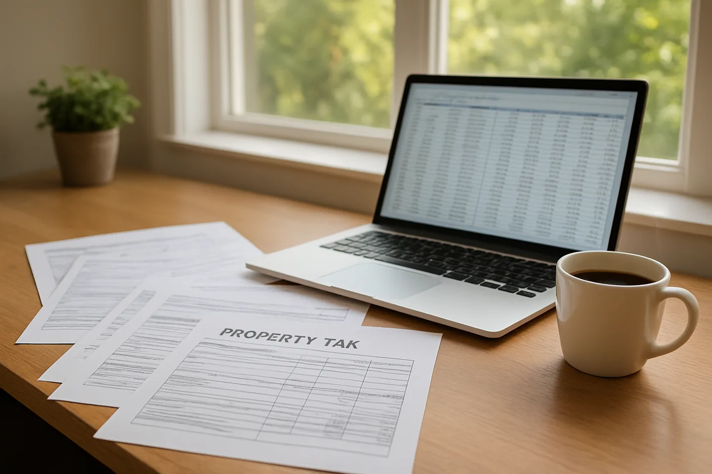 Property tax documents and laptop on a desk