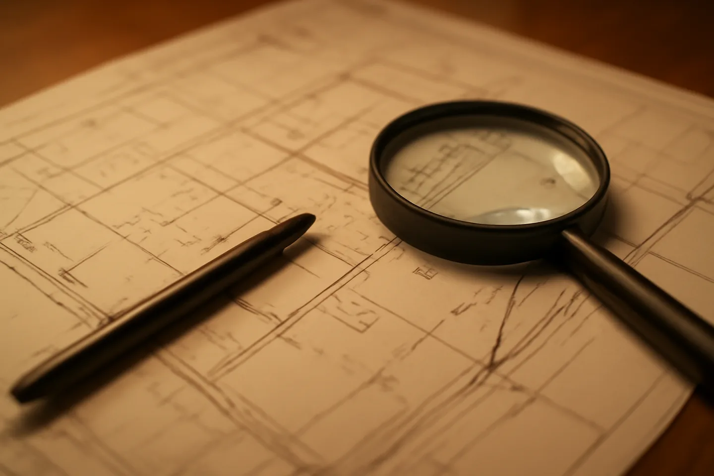 Property survey map and magnifying glass on a table