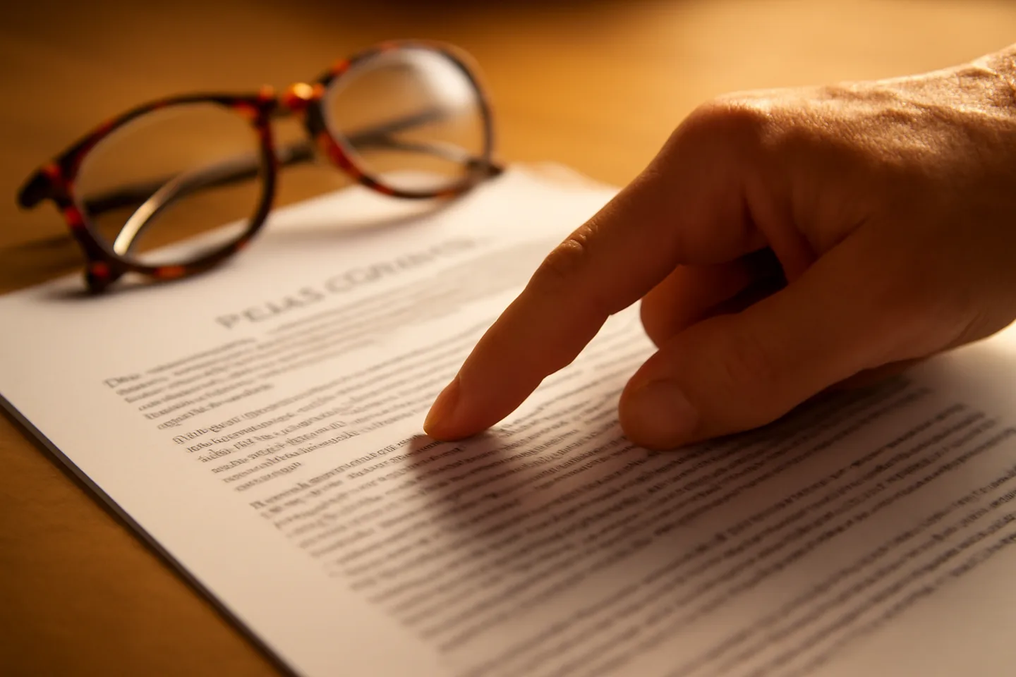 Hand pointing to a clause on a real estate contract
