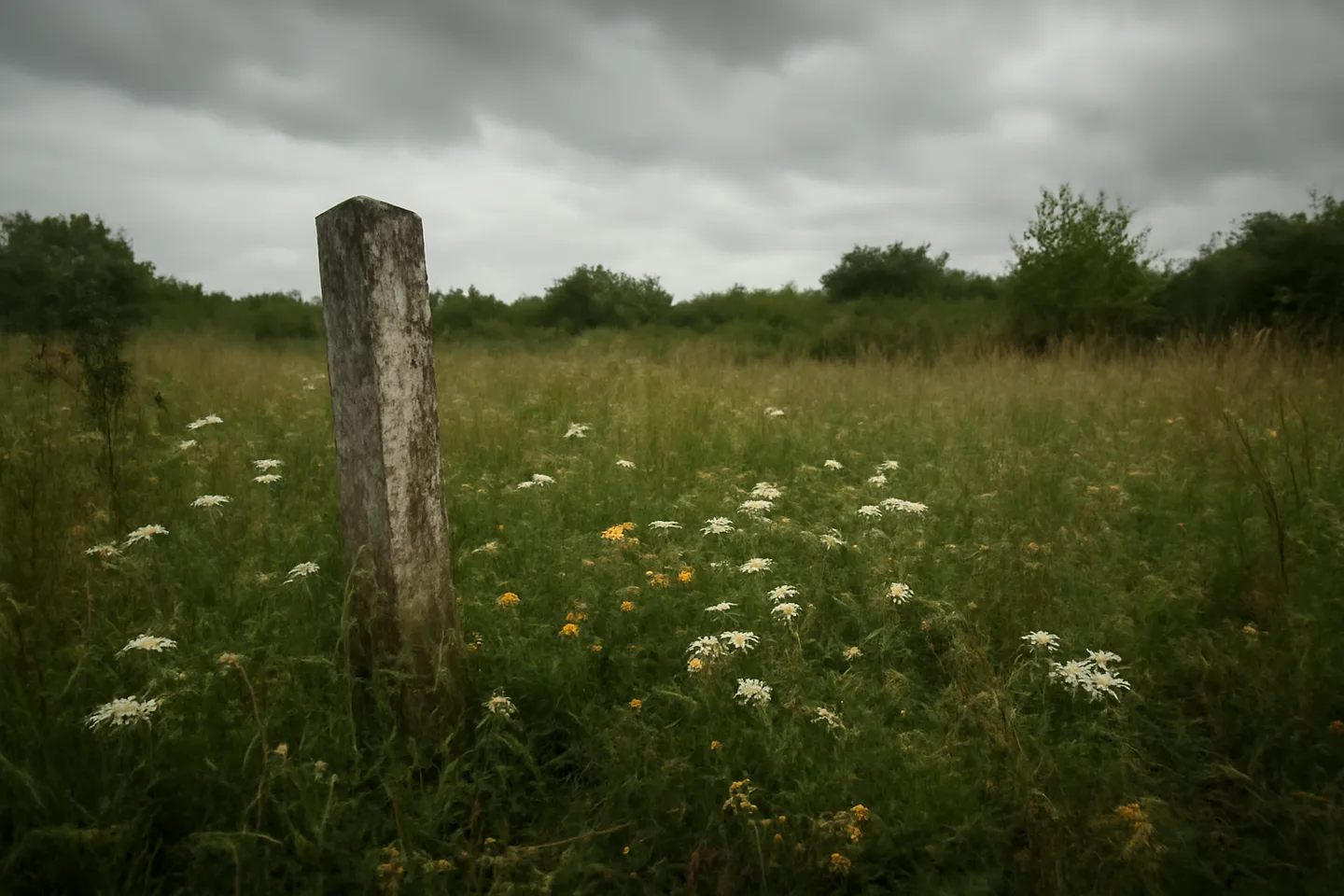 Overgrown inherited land parcel with boundary marker