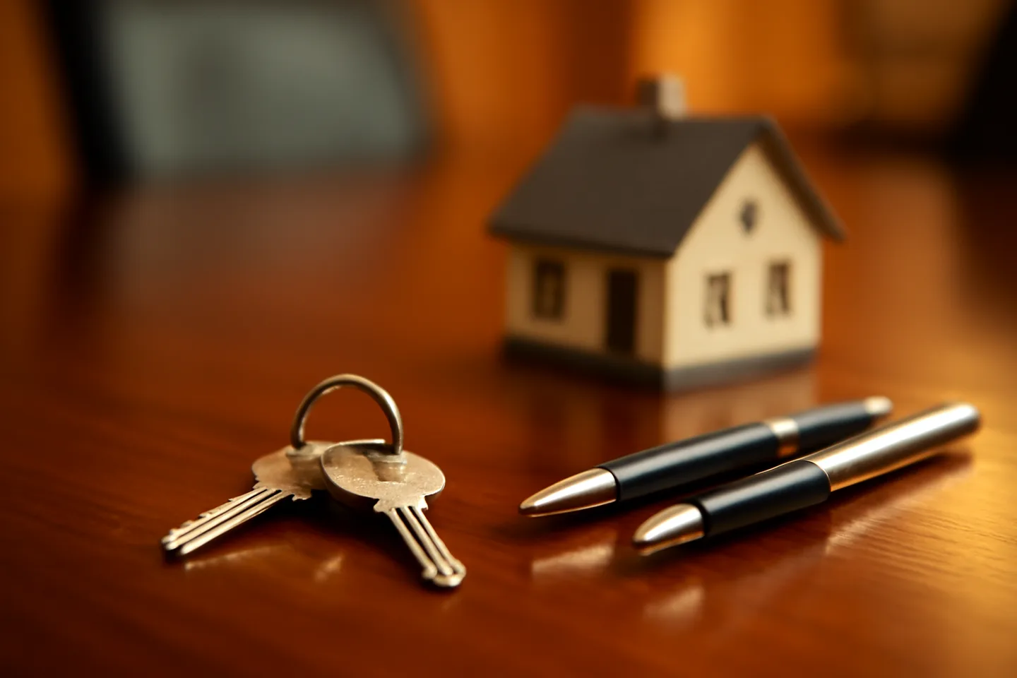 Property closing table with signed documents and keys from above