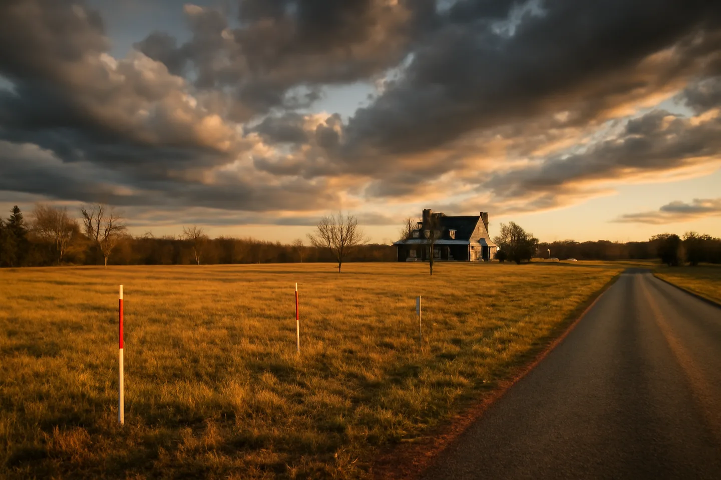 Rural property with survey stakes along a county road