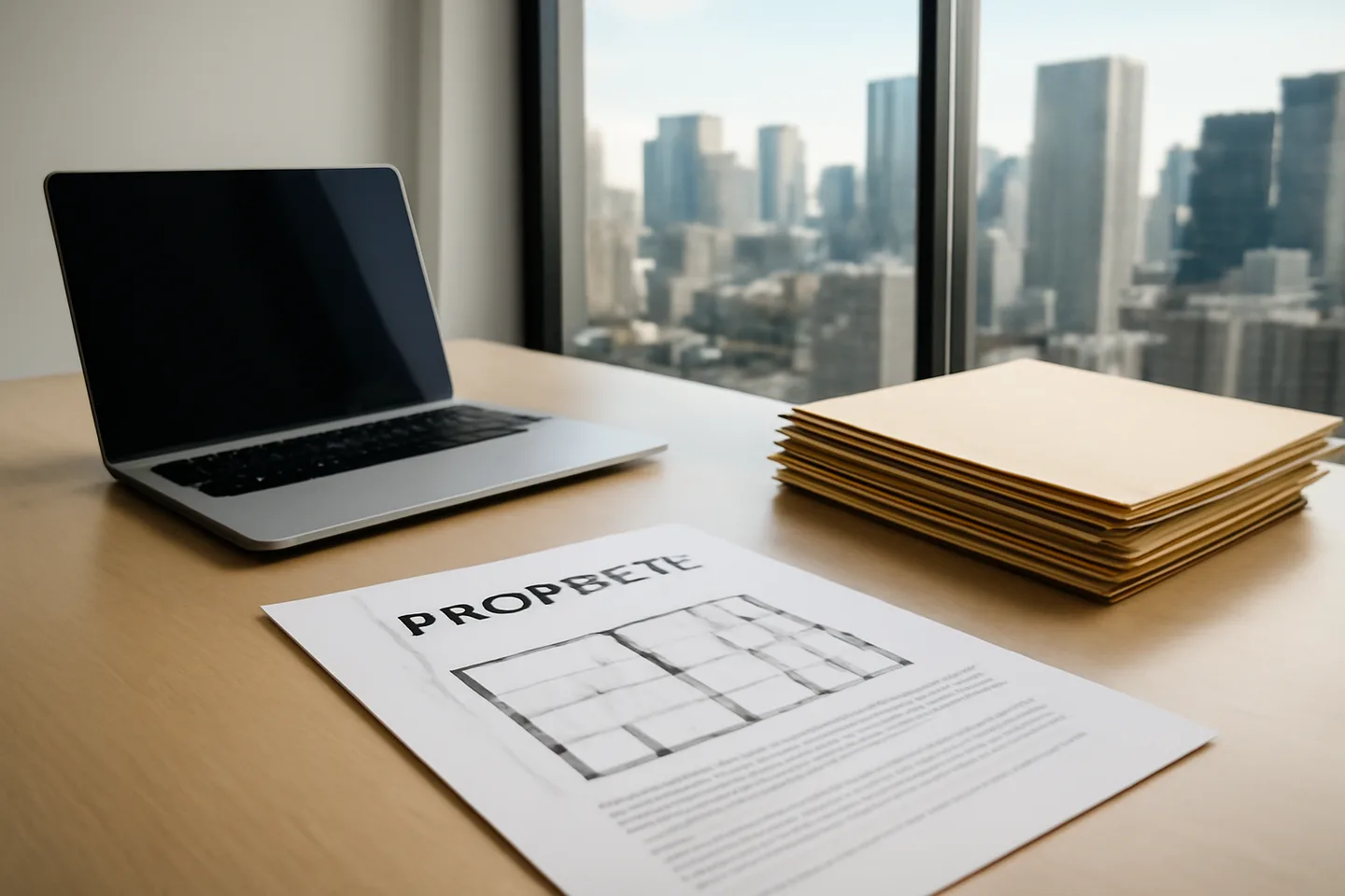 Professional office with property documents and city view