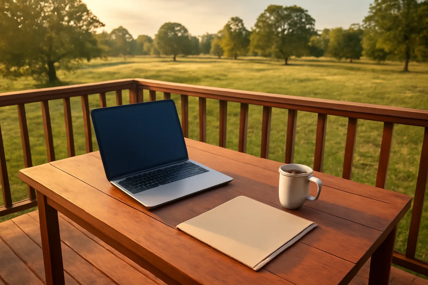 Laptop and property folder on a deck overlooking vacant land